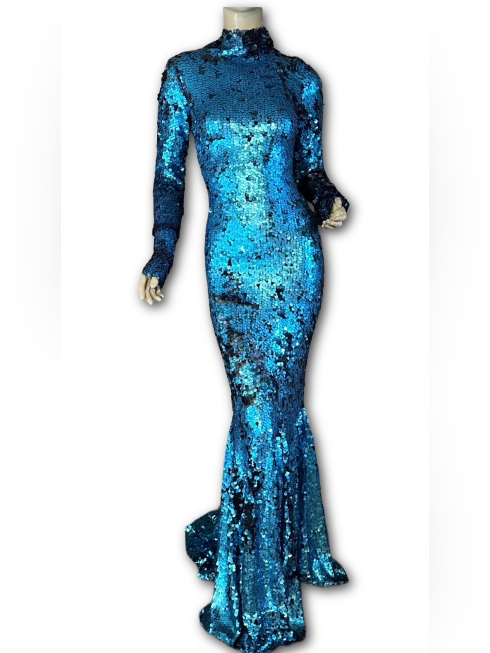 DAIN KALAS BLUE & BLACK FULL LENGTH SEQUIN MERMAID COCKTAIL DRESS (XS)